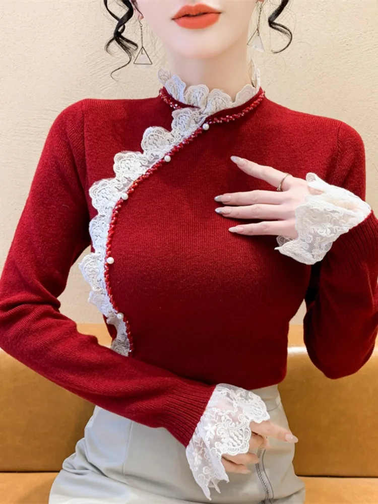เสื้อสเวตเตอร์ถักคอสูงแต่งลูกไม้สำหรับผู้หญิง แขนยาว ทรงเข้ารูป สไตล์ลำลอง สำหรับฤดูใบไม้ผลิและฤดูใบไม้ร่วง รุ่นใหม่