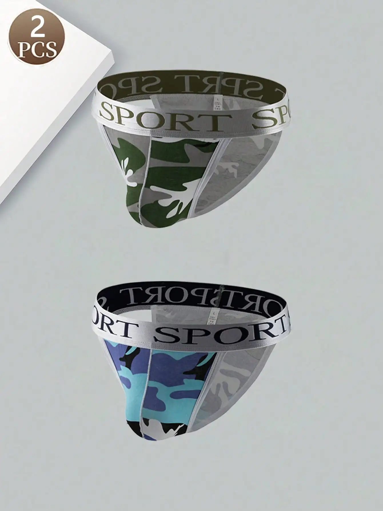 

2 шт., повседневные спортивные базовые трикотажные ткани с камуфляжным рисунком и буквами, мужские дышащие антибактериальные хлопковые стринги с низкой талией и принтом