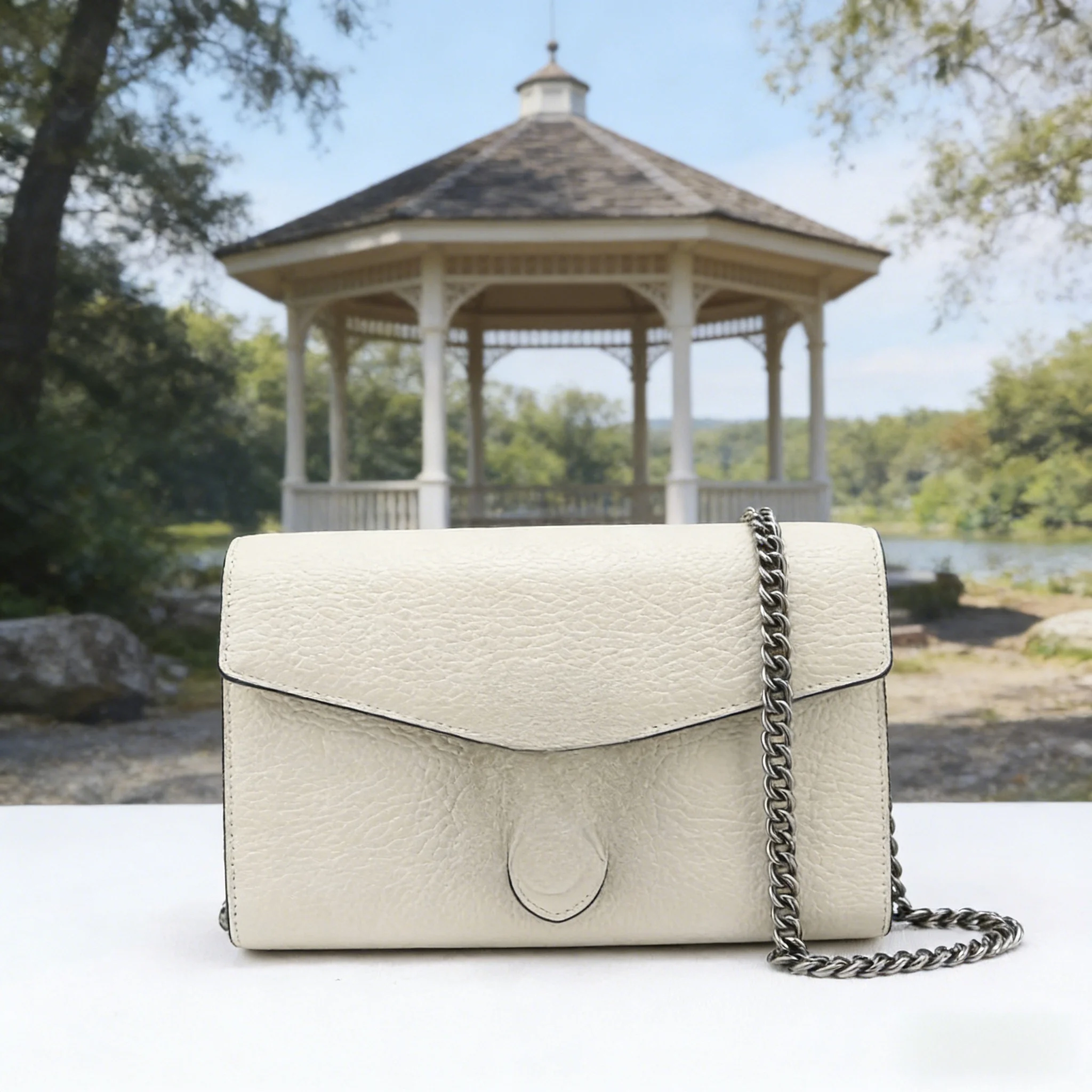 

Cream Pebbled Leather Flap Crossbody Bag - Gunmetal Chain Strap Push-Lock Closure Purse
