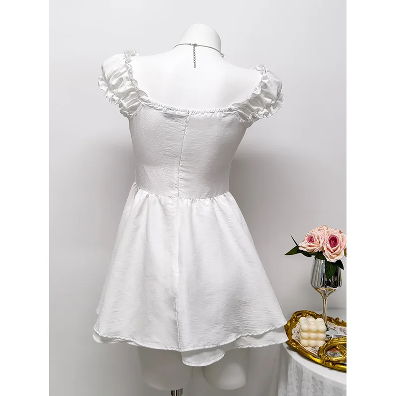 Benuynffy quadrado pescoço babado guarnição doce vestido de verão feminino 2026 nova cor sólida cintura alta em camadas bainha a linha vestidos curtos