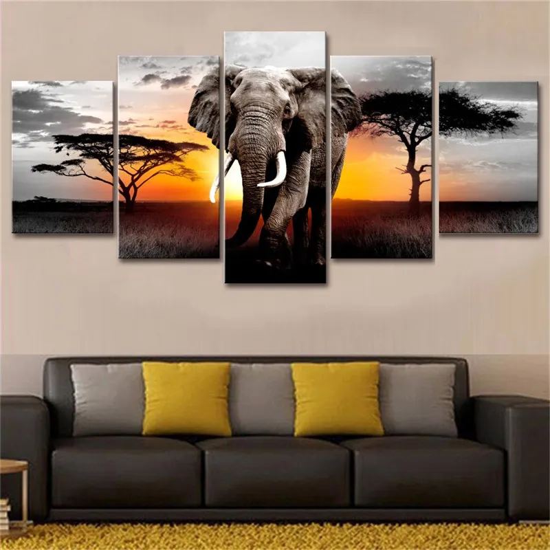 5 pezzi Walking Elephant Sunset Africa prateria scenario Canavs pittura stampe Poster soggiorno Wall Art Cuadros No Frame