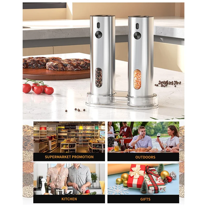 A01V-충전식 베이스가 포함된 전기 소금 및 후추 밀 세트, 스테인레스 스틸, 110Ml 자동 분쇄기