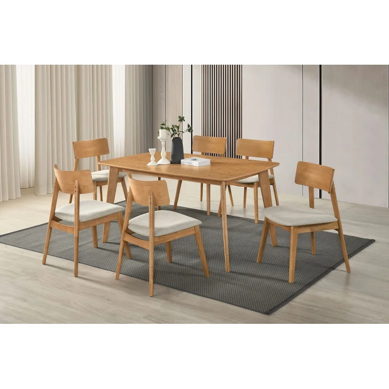 

Beige Upholstered Farmhouse Dining Set 7pcs Wooden Table with Curved Back Chairs