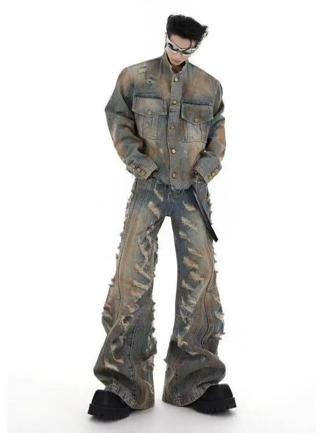 

Американский Sle Heavyweight Aalyptic Dir, рваный джинсовый джинсовый джинт, мужской свободный крой, винтажный комплект из двух предметов High Street