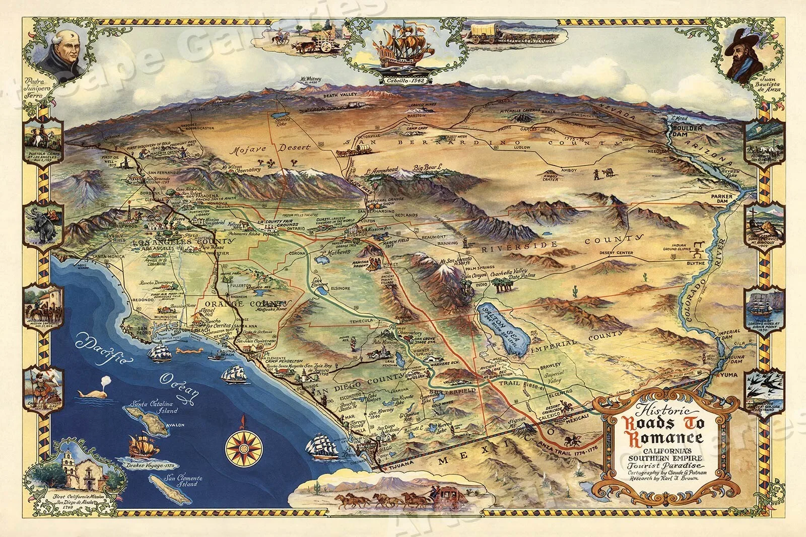Pôster de mapa antigo de 1946, caminhos para o romance, sul da Califórnia, arte de parede, decoração de Roma