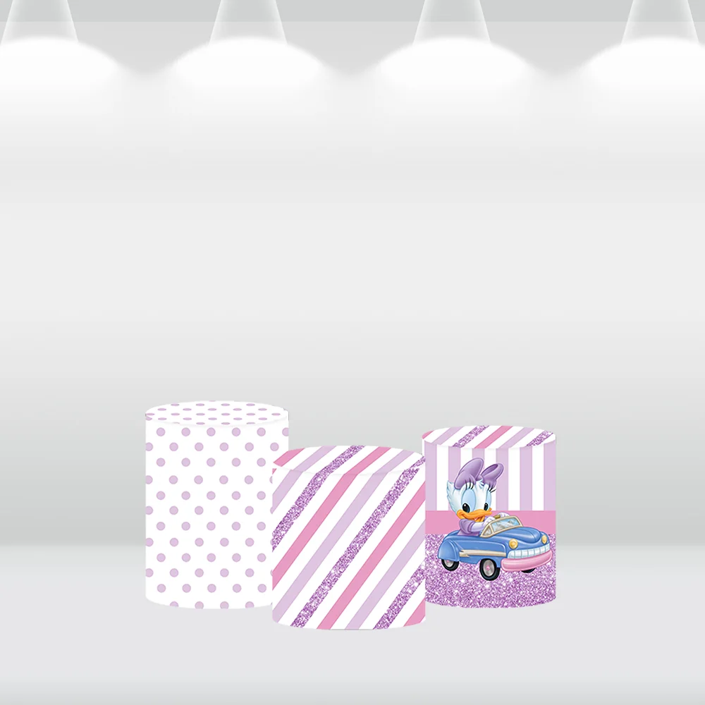 Custom Purple Daisy Duck Baby Shower Round Arch Backdrop Cover for Girls Rainbow Birthday Circle Background Cylinder Covers