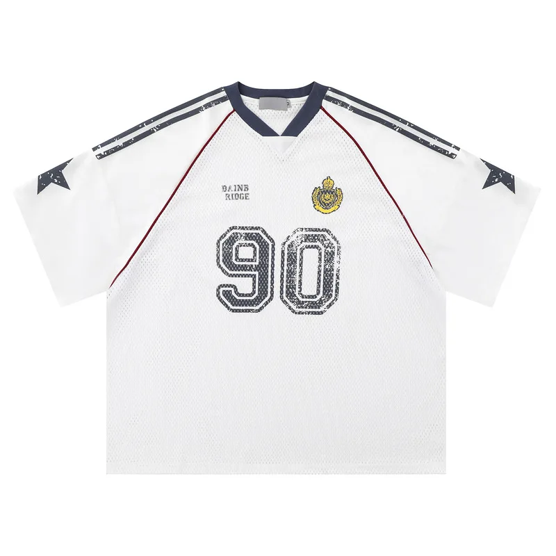 2024 New American Internet Celebrity Mesh 90 Graffiti Star Badge Style Rugby Jersey Loose Short Sleeve Tshirt