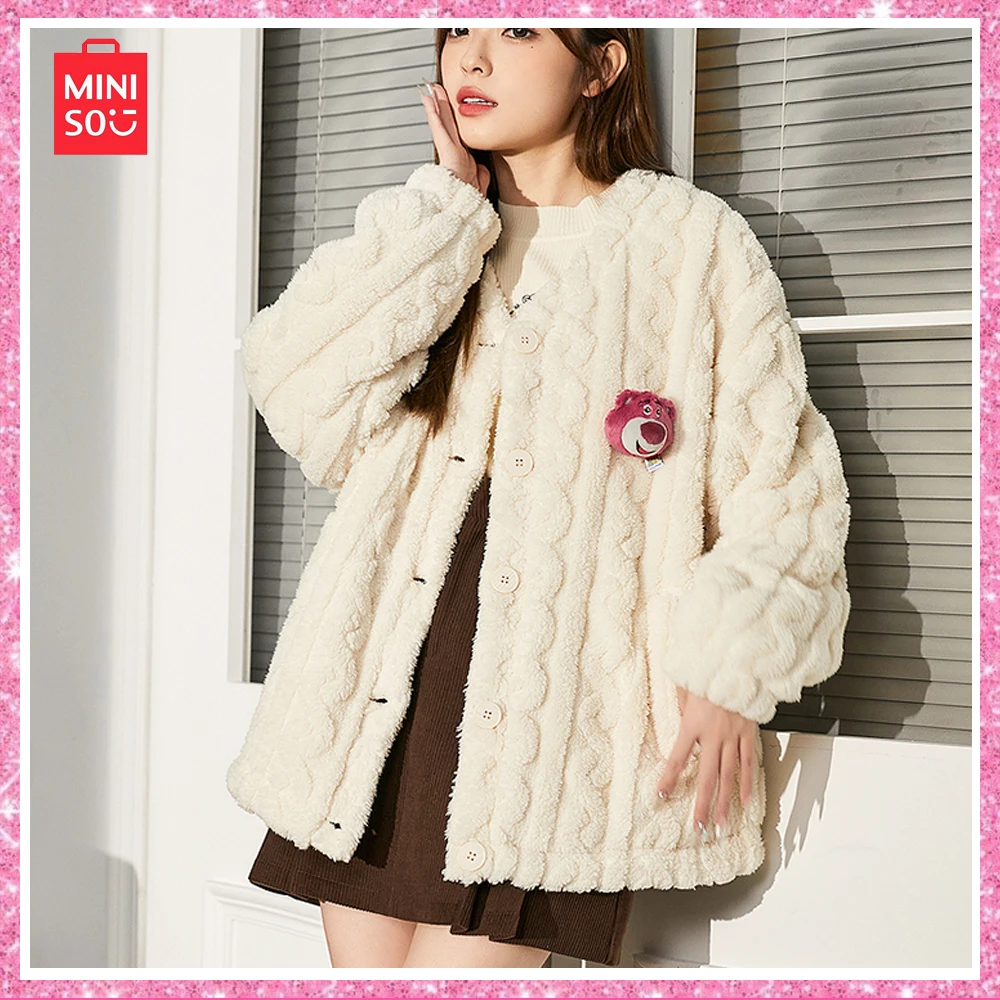 

Miniso Lotso New Fall and Winter Commuter Thickened V-Neck Coral Velvet Coat Jacket Pink Trend Loose Cardigan Christmas Gift