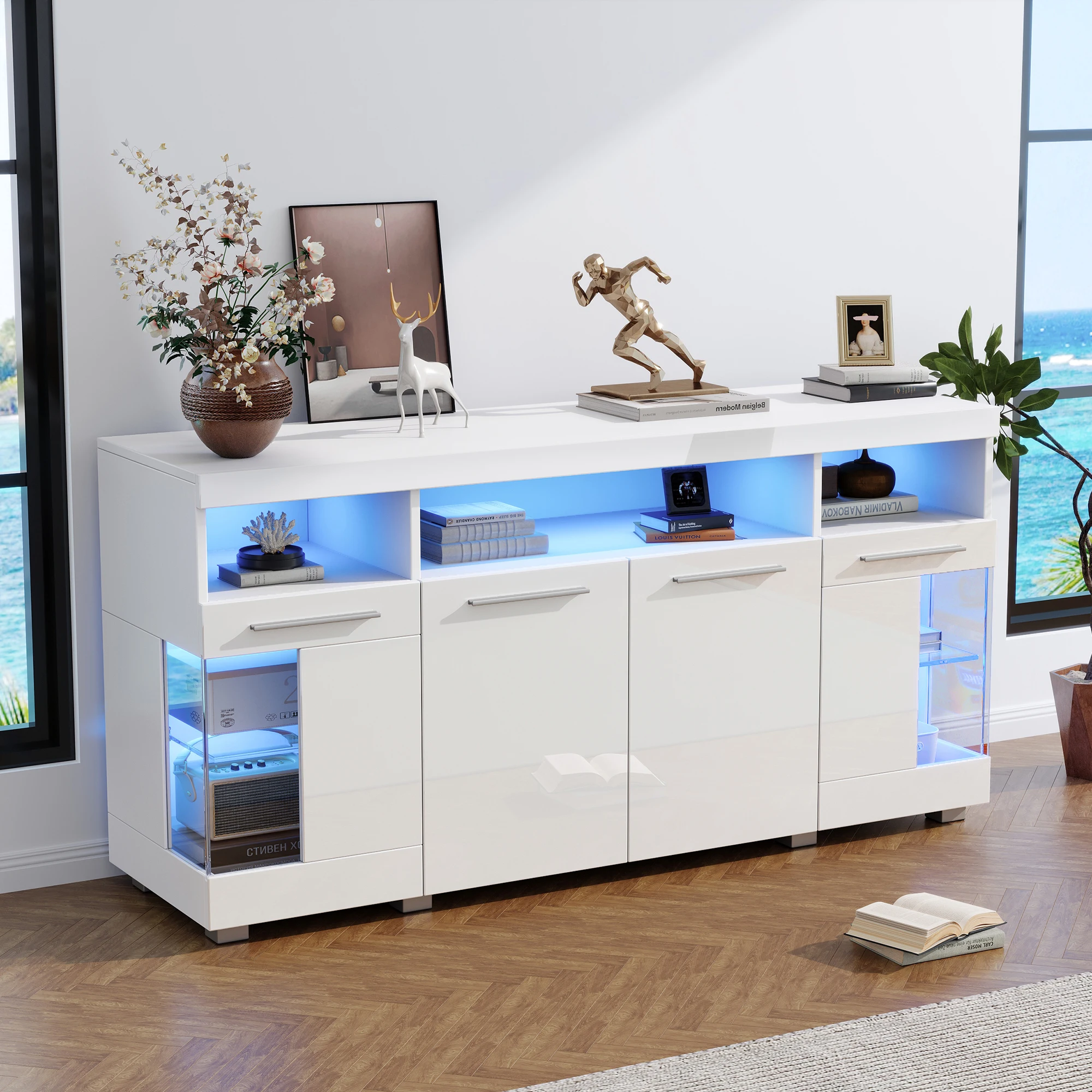 Aparador de alto brillo para sala de estar con luz LED, aparador ancho, aparador de vidrio templado con 3 compartimentos