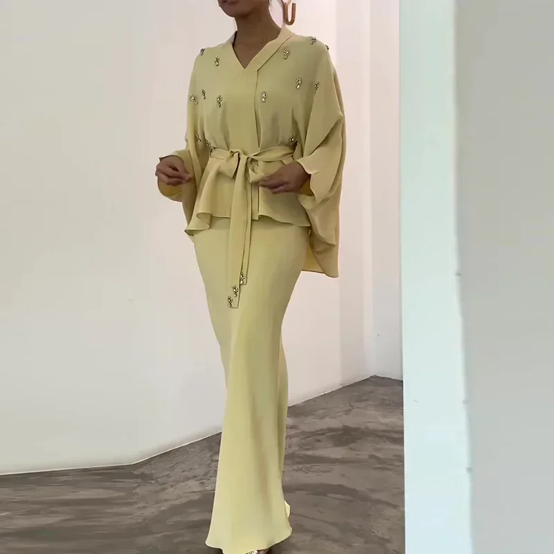 

Matching Sets Two Pieces V Neck Solid Tops Dress Sets Sashes Sexy Wrap Buttocks Skirts Slim Ankle Length Basics 2024 Sheath