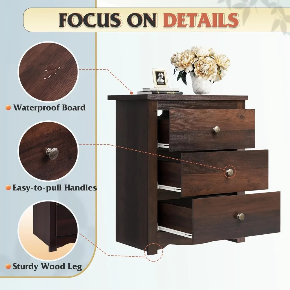 충전 스테이션이 있는 높은 침대 옆 탁자, 서랍 3개가 있는 나무 침대 옆 탁자, 침실용 침대 옆 탁자, 기숙사, USB 2개가 있는 작은 테이블