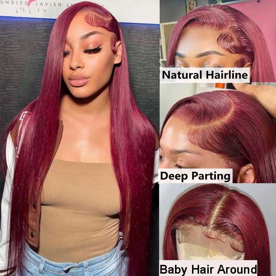 99J Red 13X6 Lace  Human Hair Wigs Colored Straight Burgundy 13X4 Transparent Lace Frontal 5X5 Glueless Wigs for Women