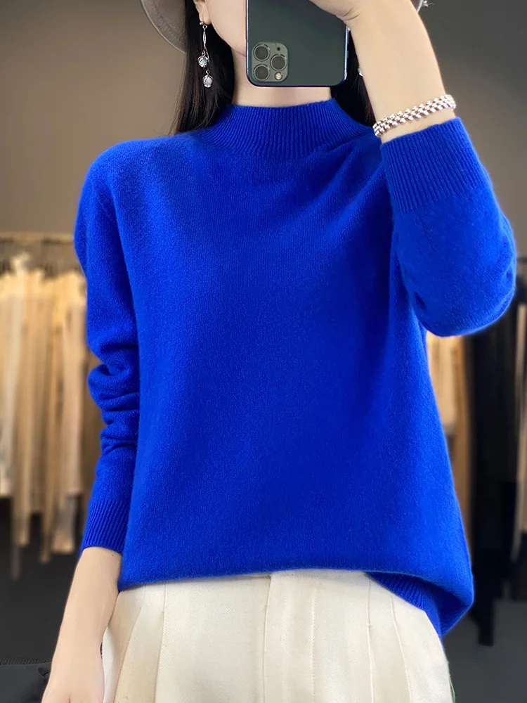 Fashion 100% Merino Wool Sweater Solid Color Mock Neck  Cashmere Pullover Basic Autumn Winter Soft Long Sleeve Clothing Tops
