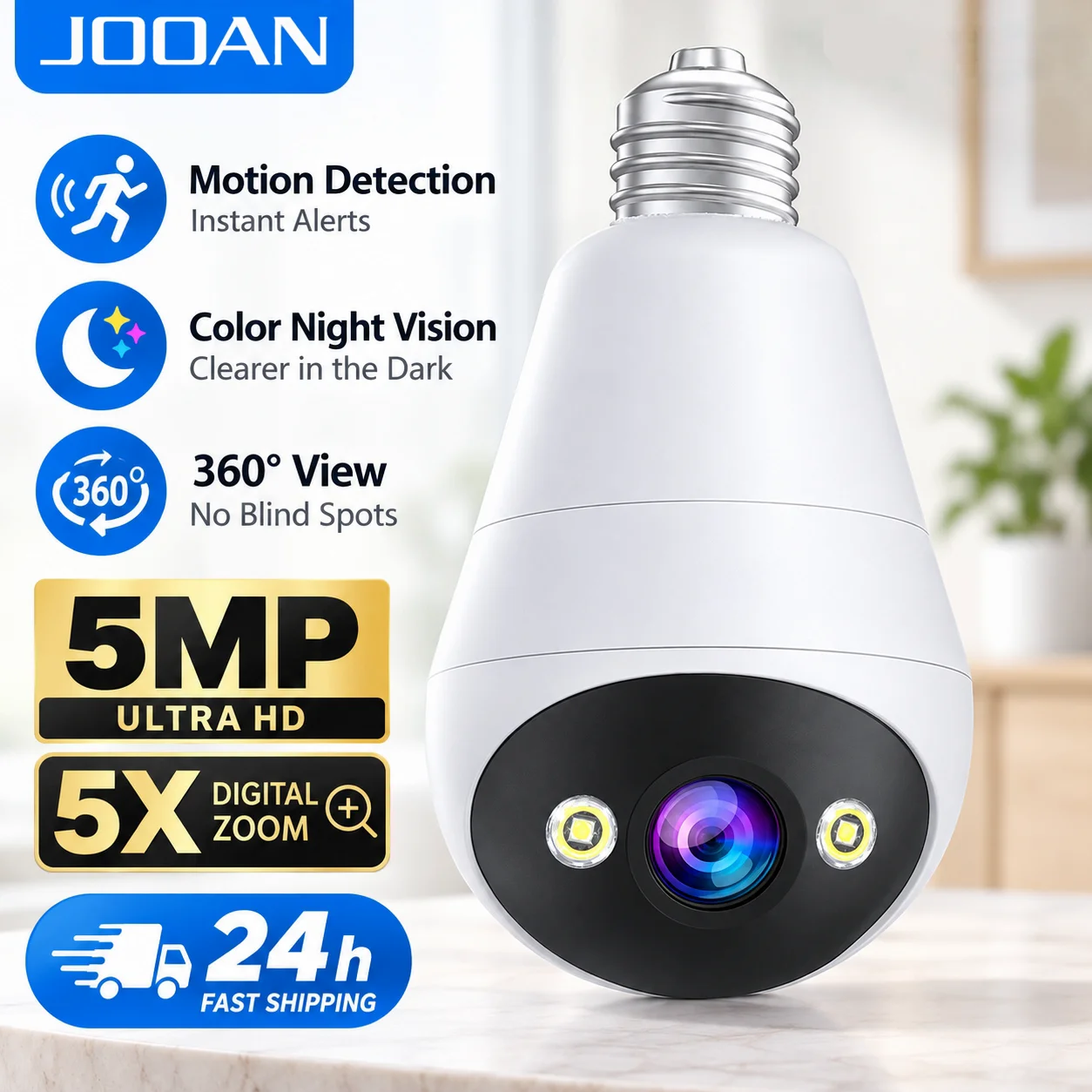 JOOAN 5MP E27 Bulb WIFI Camera Wireless 360 Degree PTZ Camera Motion Detection Ccolor Night Vision Security Video Surveillance