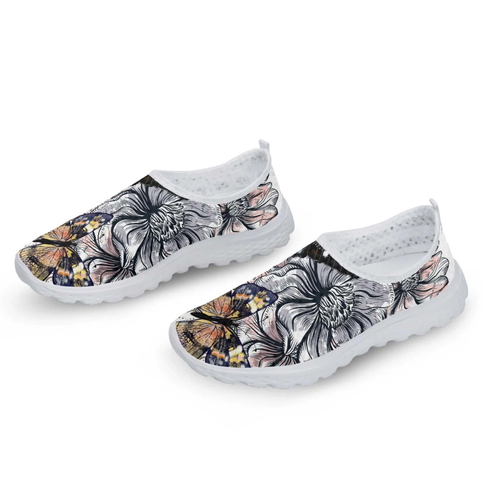 INSTANTARTS Boho Butterfly Loafers For Women Monarch Butterfly Comfortable Breathable Slip On Shoes Boho Flower Mesh Shoes Flats