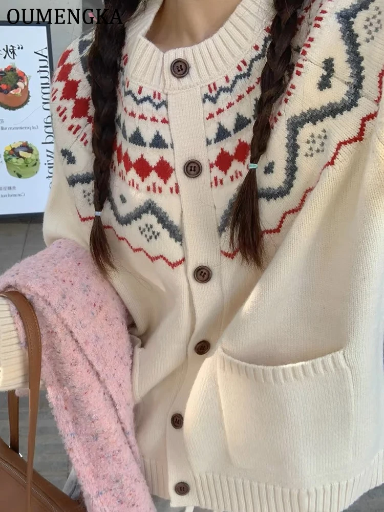 Women Fashion Jacquard Single Breasted Knitted Sweater Vintage O-Neck Long Sleeves Female Chic Lady Outfits Cardigan