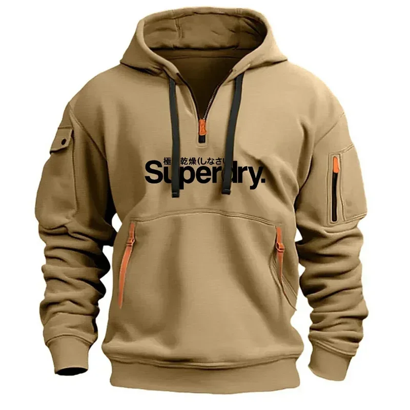 

Spring and Autumn 2026 Men's European Size Hooded Multi-pocket Long-sleeved Sweatshirt Multi-pocket Open Front Tight-fitting Swe