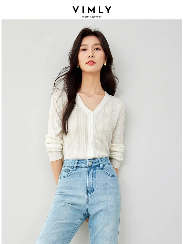 Vimly Wool Blend V-neck Knitted Cardigan Woman 2024 Spring New Light Blue Elegant Soft Knit Sweater Coat Female Knitwear 72792