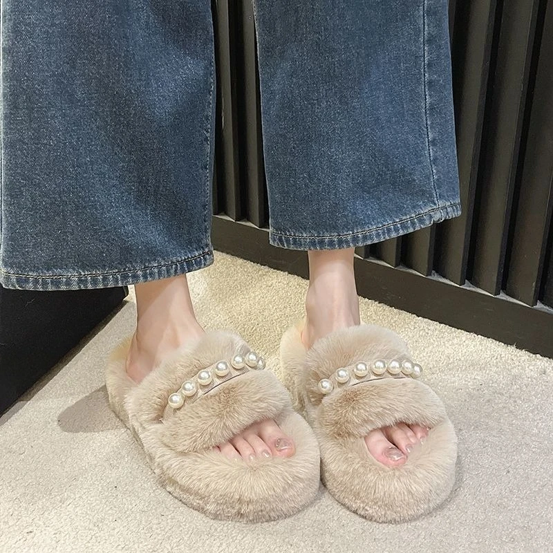 

Social Media Hit Women's Plush Slippers 2025 Autumn Winter New Thick Platform Pearl Decor Cotton Home Outdoor