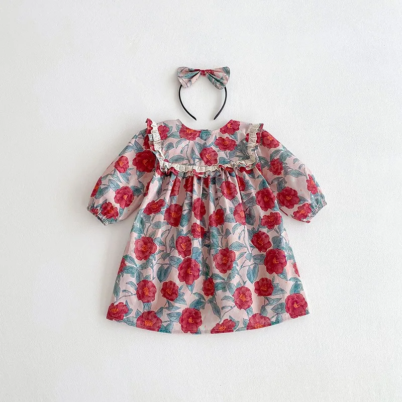 女の子の秋の赤いプリンセスドレス長袖新年ドレスベビーガールトレジャー子供服フェスティバルテーマドレス