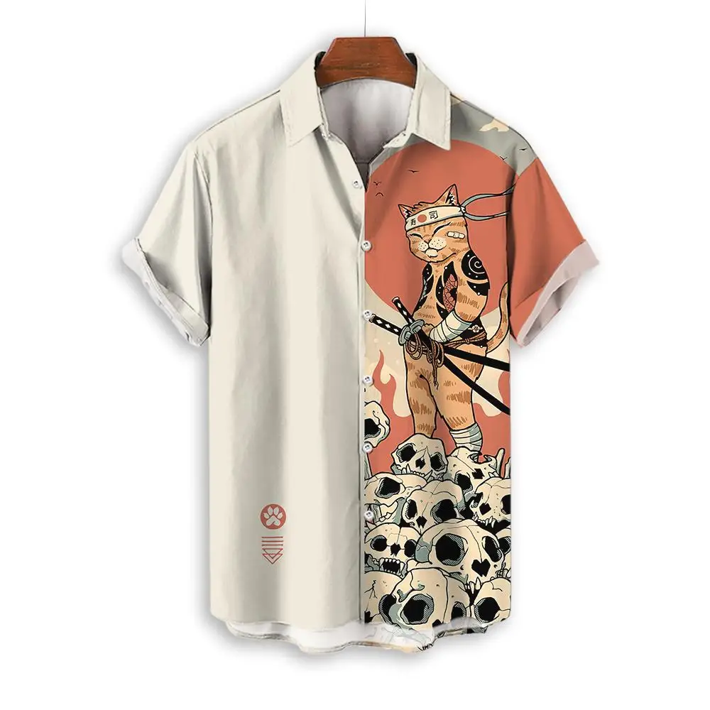 Casual Shirt For Man Japanese Bushido Short sleeved shirt Tops Fashion Men's Shirts Cartoon Animal Cat 3d Print Men Clothing