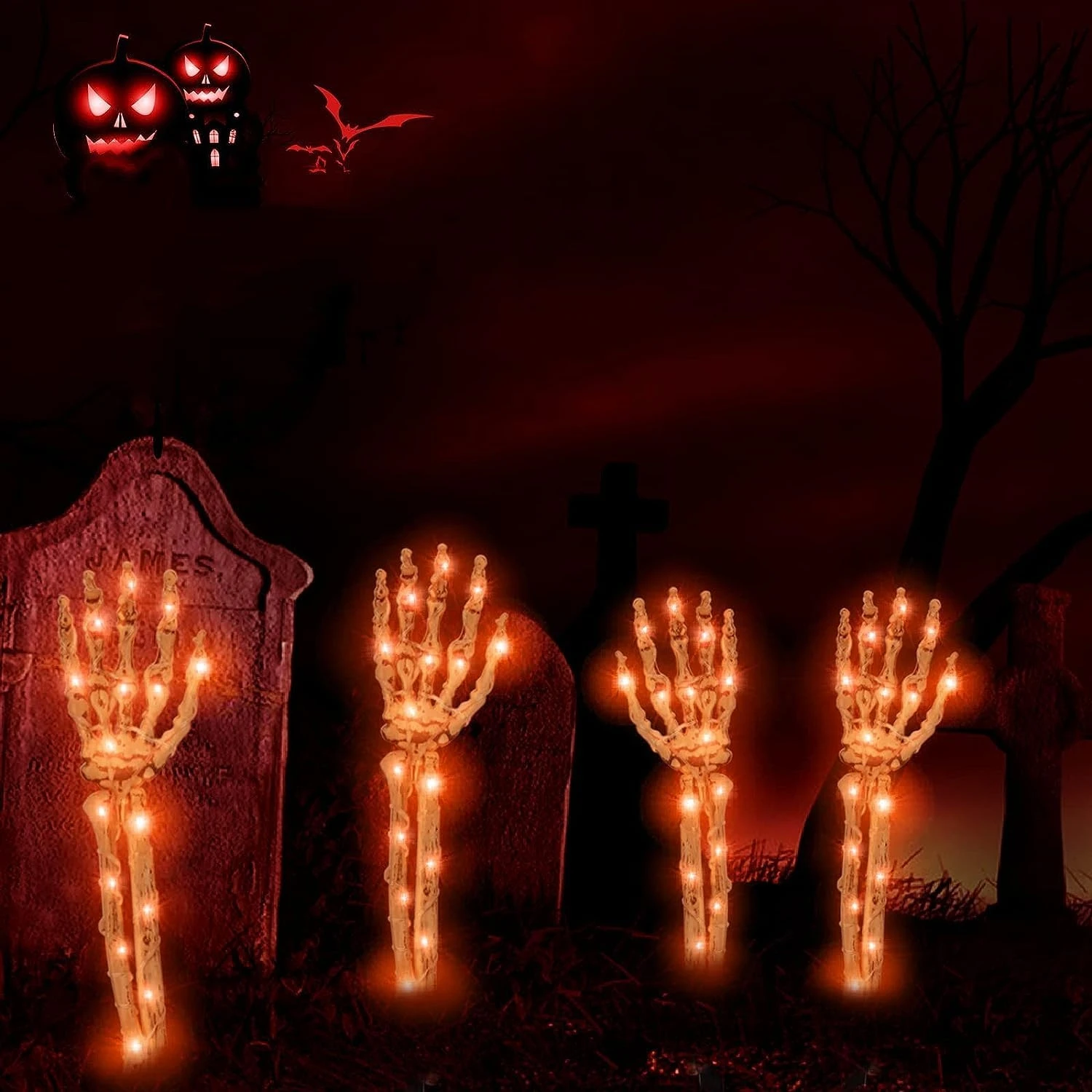 2 Buah/Set 100LED Lampu Kawat Tembaga Surya Tangan Kerangka Lampu Ungu & Oranye dengan 8 Mode untuk Dekorasi Halloween Halaman Taman Rumah