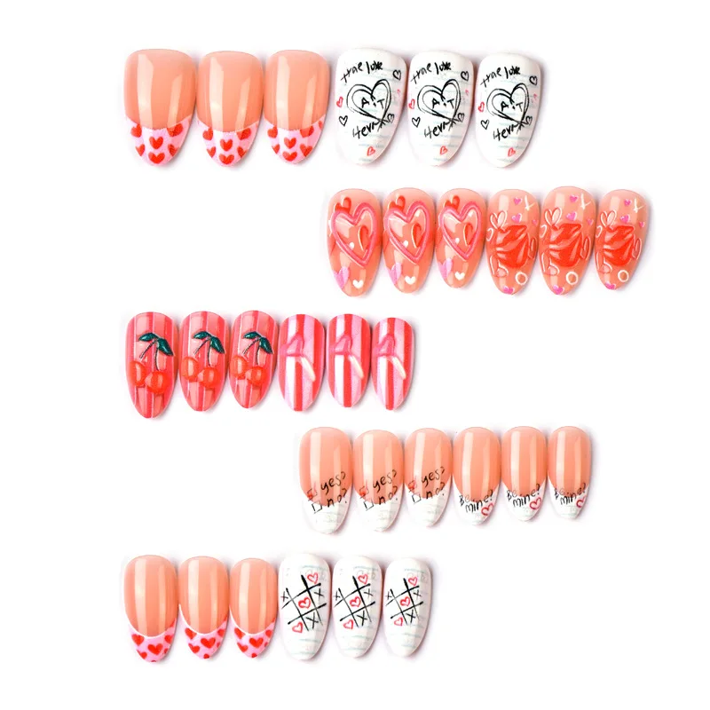 

24PCS Strawberry Love Lips Press on Nails Valentine's Day Exclusive French Manicure False Nails Cute Sweet Fake Nails for Girls