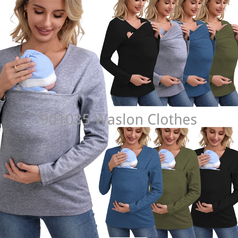 겨울 여성 긴팔 안전 캥거루 포켓 셔츠, 아기 캐리어, 임신 옷, 엄마 상의, 큰 엄마 셔츠 먹이기