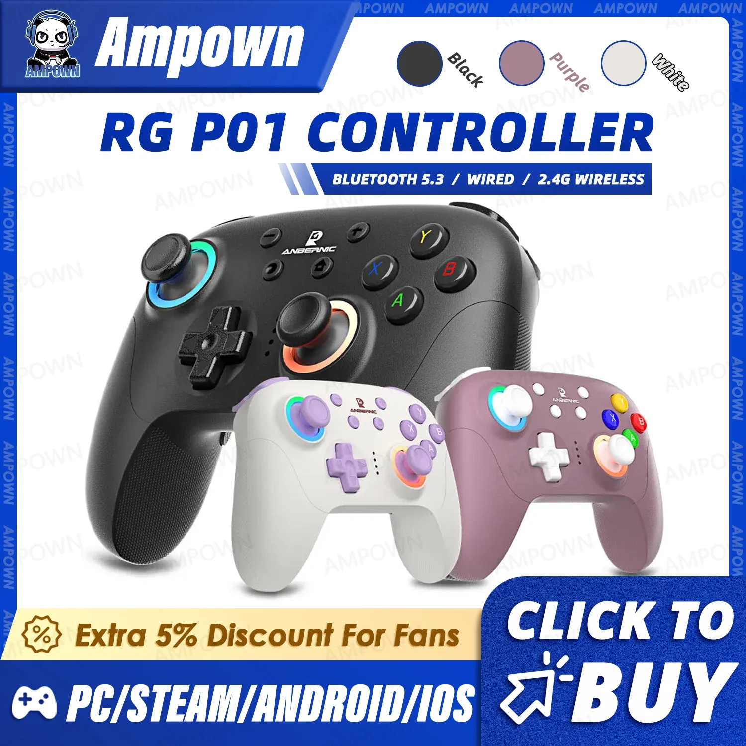 ANBERNIC RG P01 Gamepad Wireless Gaming Controller Hall Trigger Joystick Macro Key RGB Breathing Light For Switch PC Android IOS