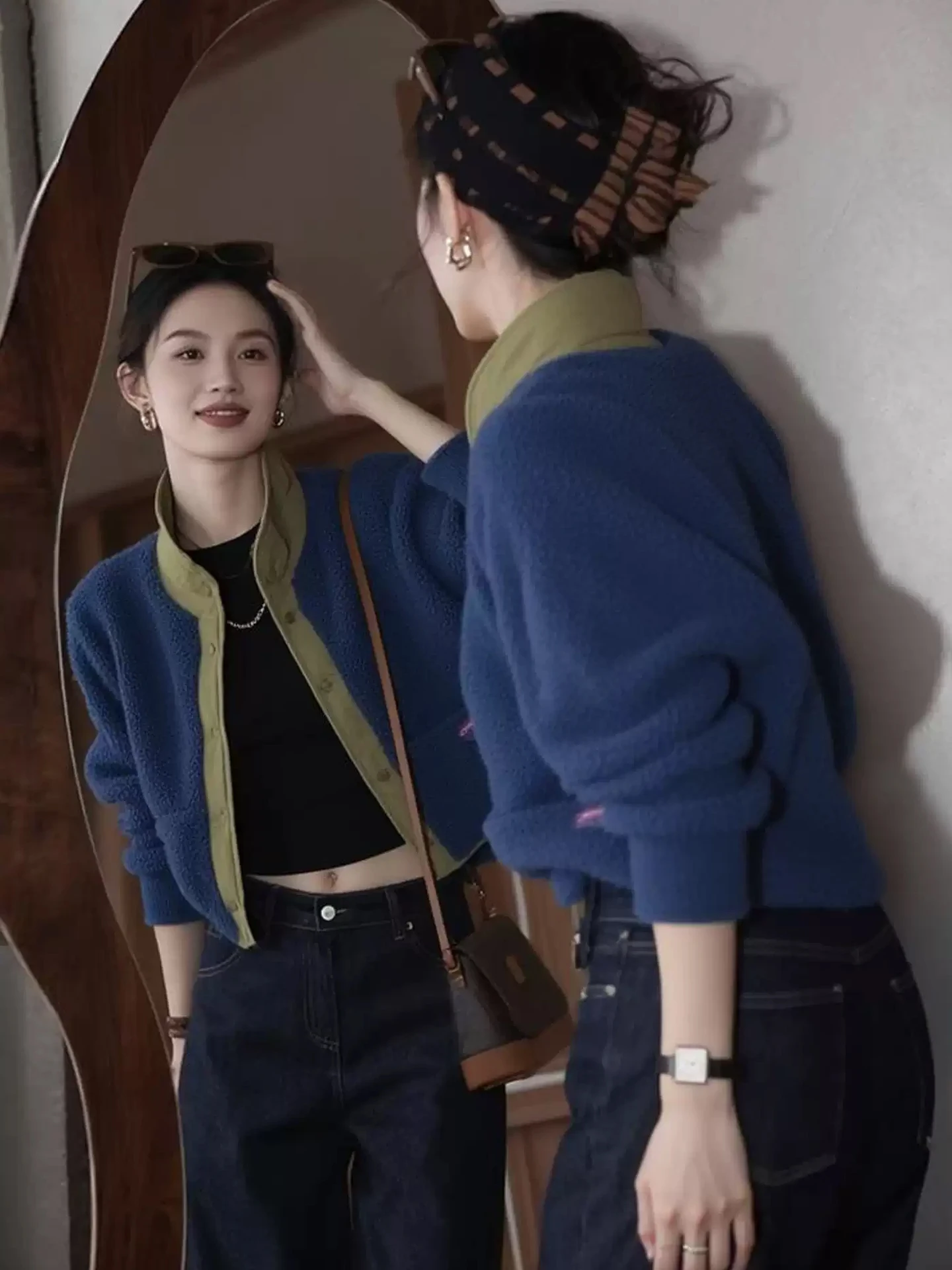 

Женская зимняя верхняя одежда Ele: укороченная кофта с длинным рукавом, на одной пуговице, в стиле колор-блок, корейский повседневный трикотаж