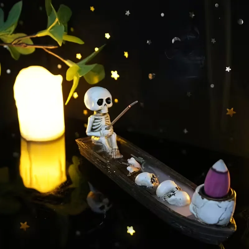 1PC Skull Boat Incense Holder, Skeleton Incense Burner, Gothic Halloween Decor, Resin Tabletop Ornament, Aromatherapy Home Decor