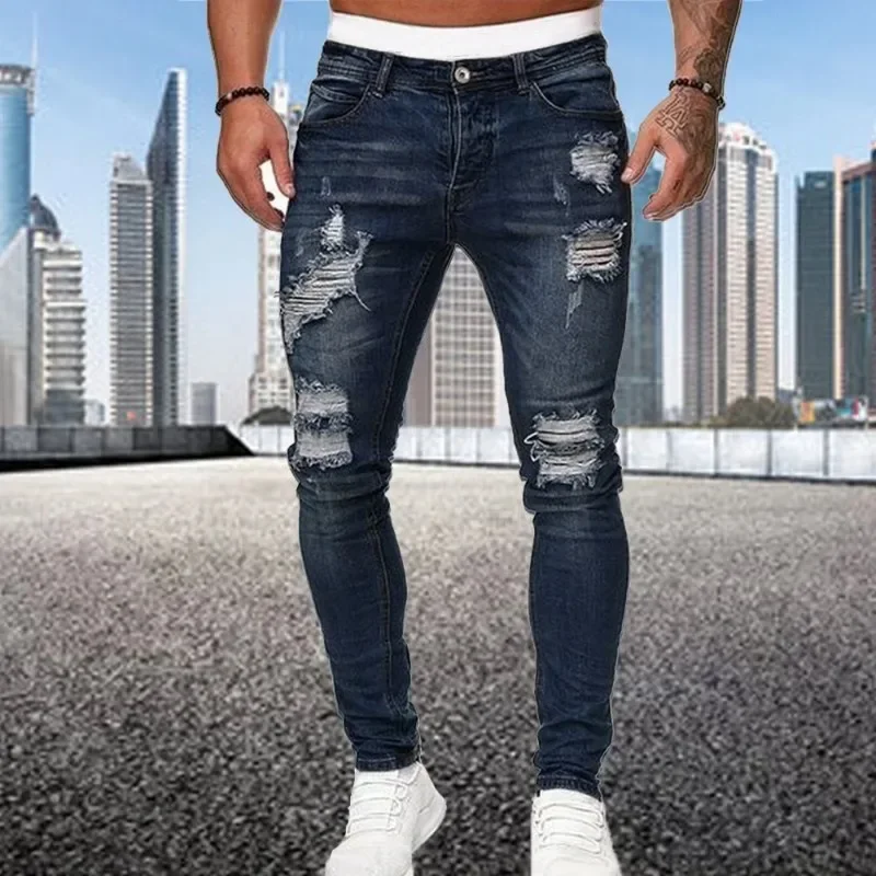 

2024 New Ripped Skinny Jeans Men Vintage Wash Elastic Biker Holes Denim Pants Casual Slim Joggers Trousers Distressed Streetwear