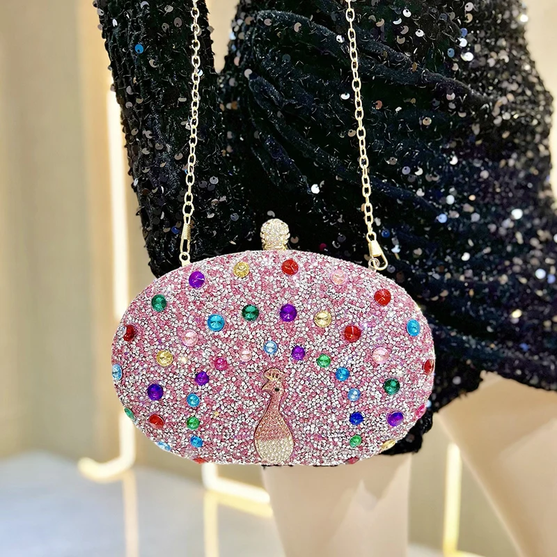 

Новая вечерняя сумка с бриллиантами и павлином, экзотическая сумка с металлической ручкой, роскошное цветное банкетное платье со стразами, свадебный клатч для женщин
