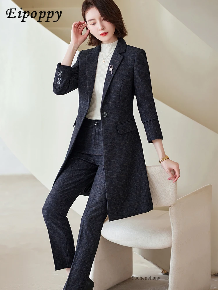 Women Work Business Wear Pant Suit Red Blue Black Coffee Plaid Long Blazer 2 Pieces Set Female Office Ladies Jacket and Trouser