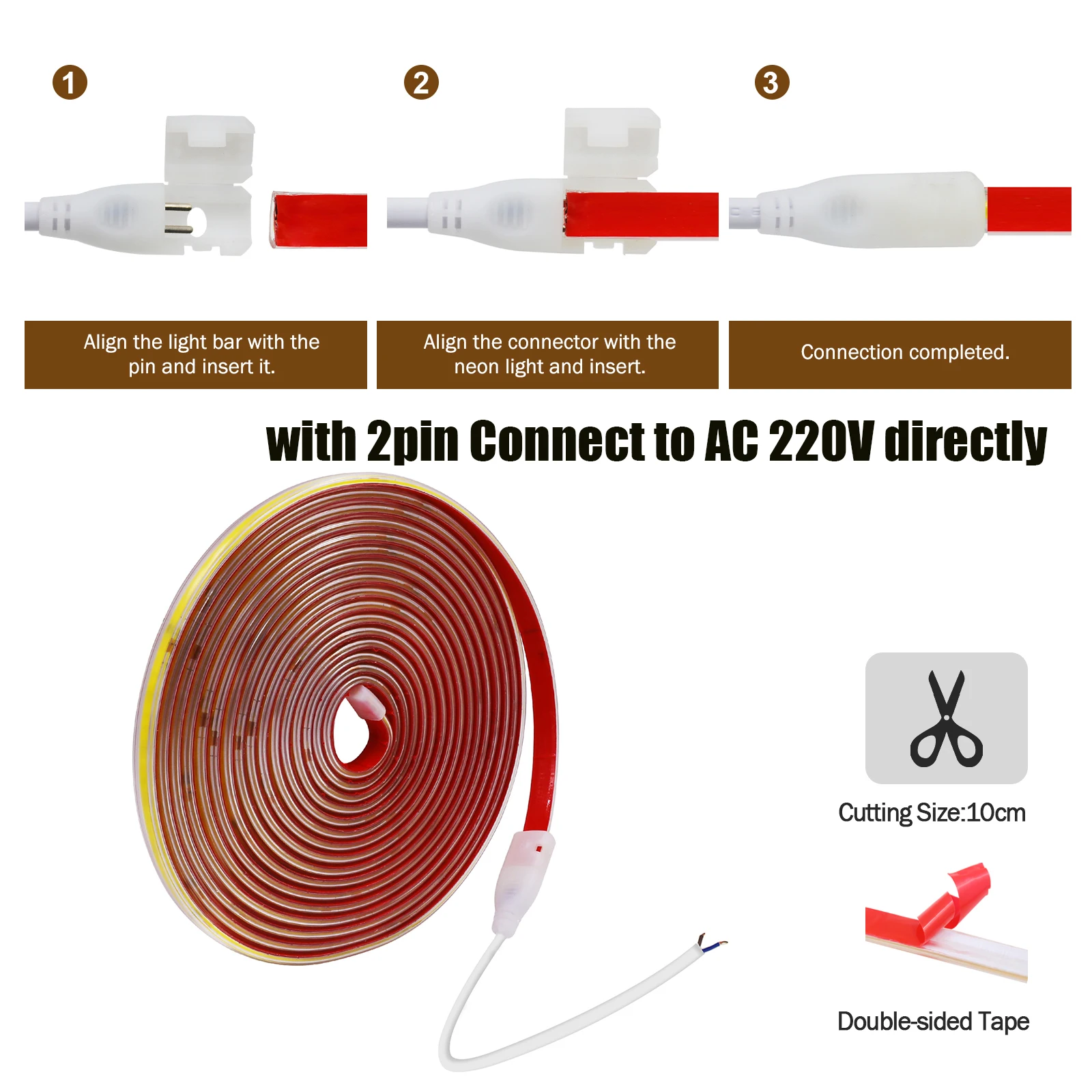 AC 220V COB Strip IP65 Waterproof With EU Switch/2PIN Cable 240Leds/M 3000K 4000K 6000K Flexible Ribbon Rope LED Light