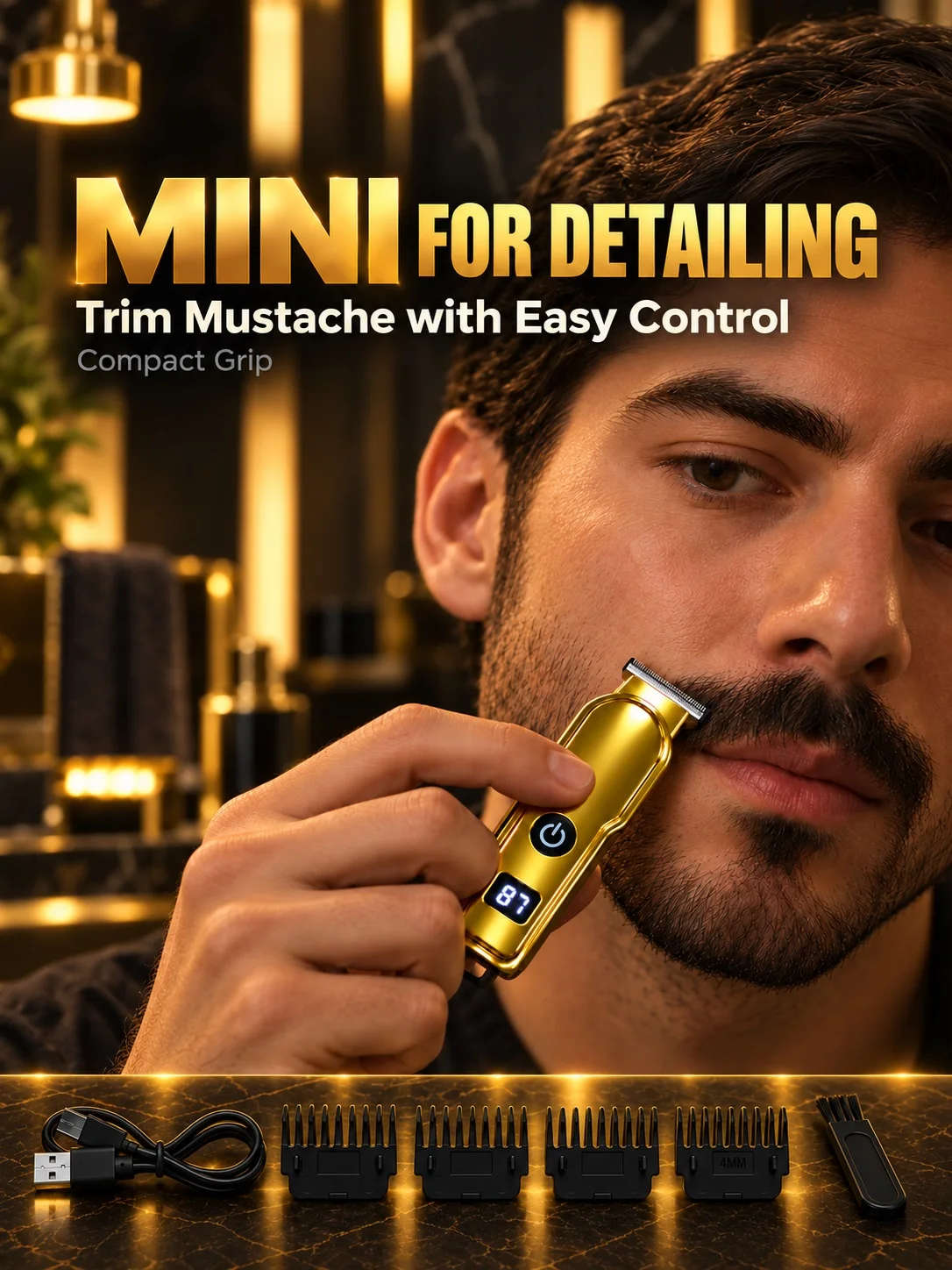 Mini Portable Wireless Electric Trimmer, T-Shaped Blade Design, Four Length Limit Combs, Digital Power Display, Type-C Charging, Comes with a Brush, Suitable for Trimming Short Hair, Hairline Grooming, Sideburn Trimming, and Beard Contouring, Available in Multiple Colors.