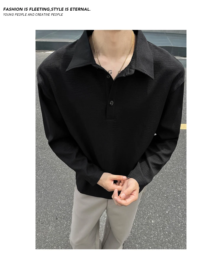 Minimalistisches Streetwear-Langarm-Poloshirt für Herren mit Reverskragen, meliertem Slub-Muster und weichem Material für alltägliche Freizeitaktivitäten. – Detail 20