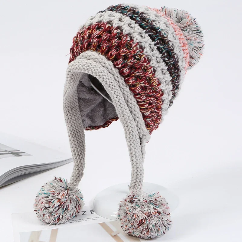 New Winter Knitted Hats Women Patchwork Pompon Balls Earflap Caps Ladies Warm Thick Winter Beanies Female Beanie Hat