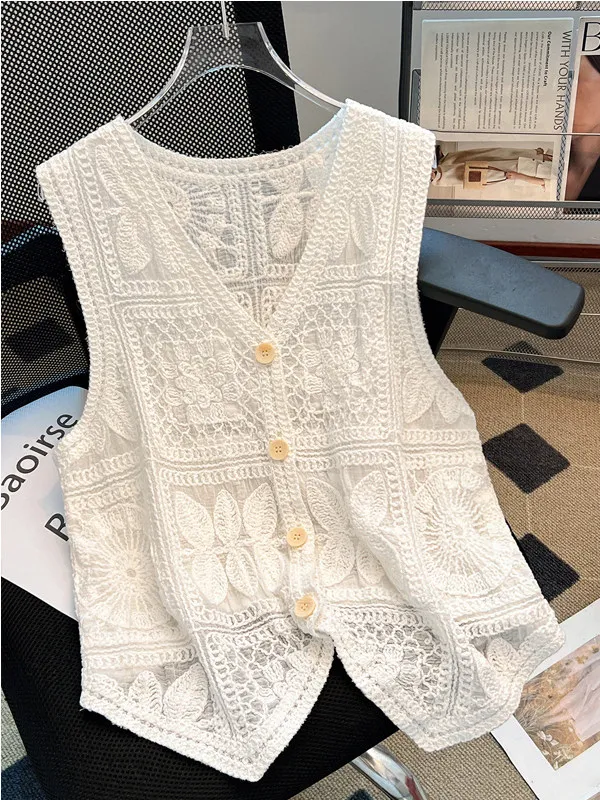 Bohemian Hollow out Thin Vest Women's Outerwear Summer Large Size Fat MM Layered Sleeveless Sweater Cardigan Top V-neck Plant...
