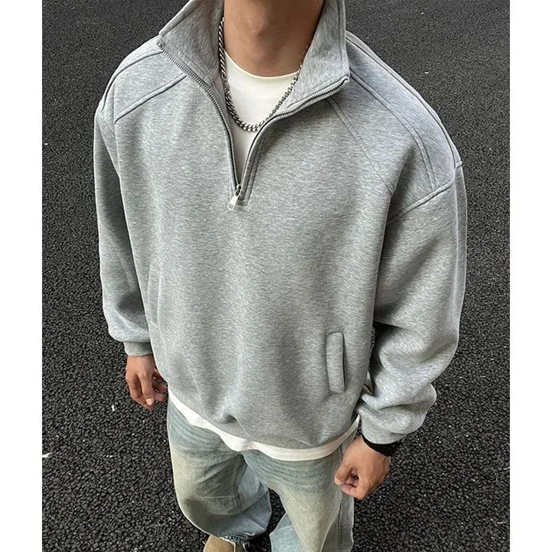 

Толстовка из чистого хлопка, тяжелая, с воротником-стойкой и полумолнией, новый комплект на молнии в американском стиле