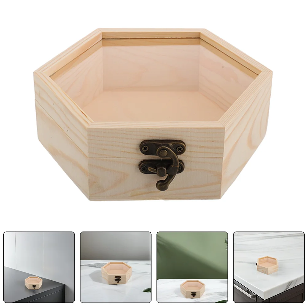 

2Pcs Wood Hexagonal Box Glass Wood Jewelry Storage Organizer Case for Dried Flowers Rustic Decorative Storage Box