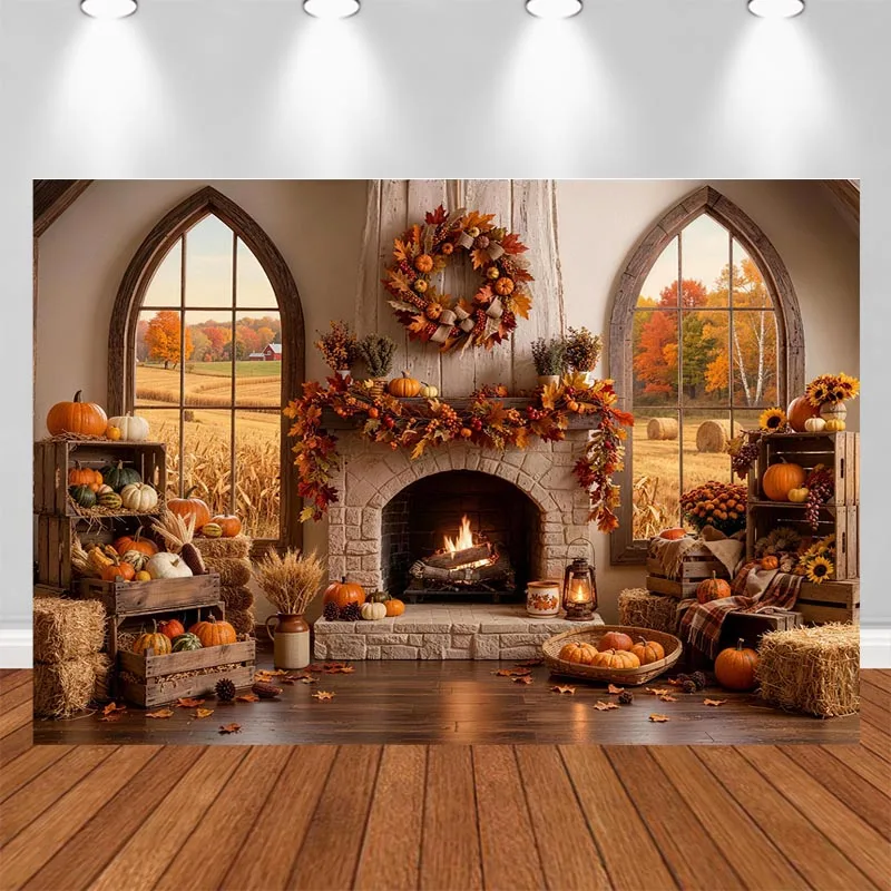LS Autumn Fireplace Photography Background Window Pumpkin Decor Holiday Party Family Portrait Photo Backdrop Studio