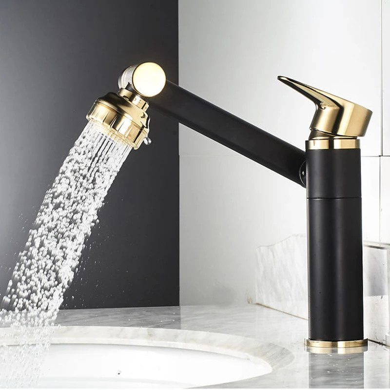 Grifo para lavabo de baño, mezclador de fregadero de un solo Mango, giratorio, ahorro de agua caliente y fría, de acero inoxidable, color negro y