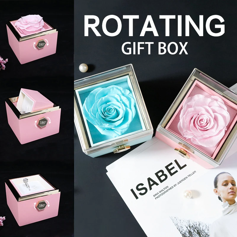 Valentine's Day Marriage Proposal Rotating Rose Gift Box Acrylic Ring Box Pendant Preserved Flower Gift Box Jewelry Box Women's