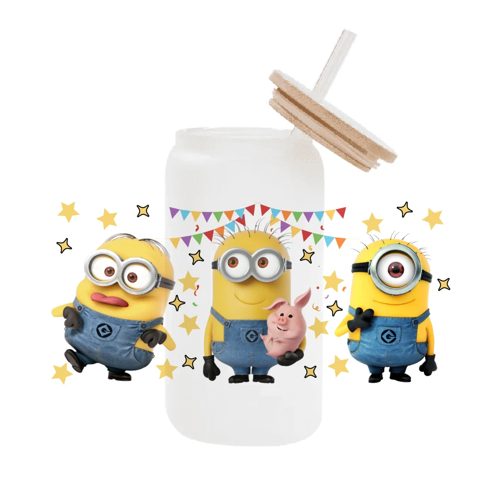 cartoon Cute minion For Libbey 16oz Can Glass 3D Waterproof UV DTF Coffee Can Wrap Libbey Glass Wrap