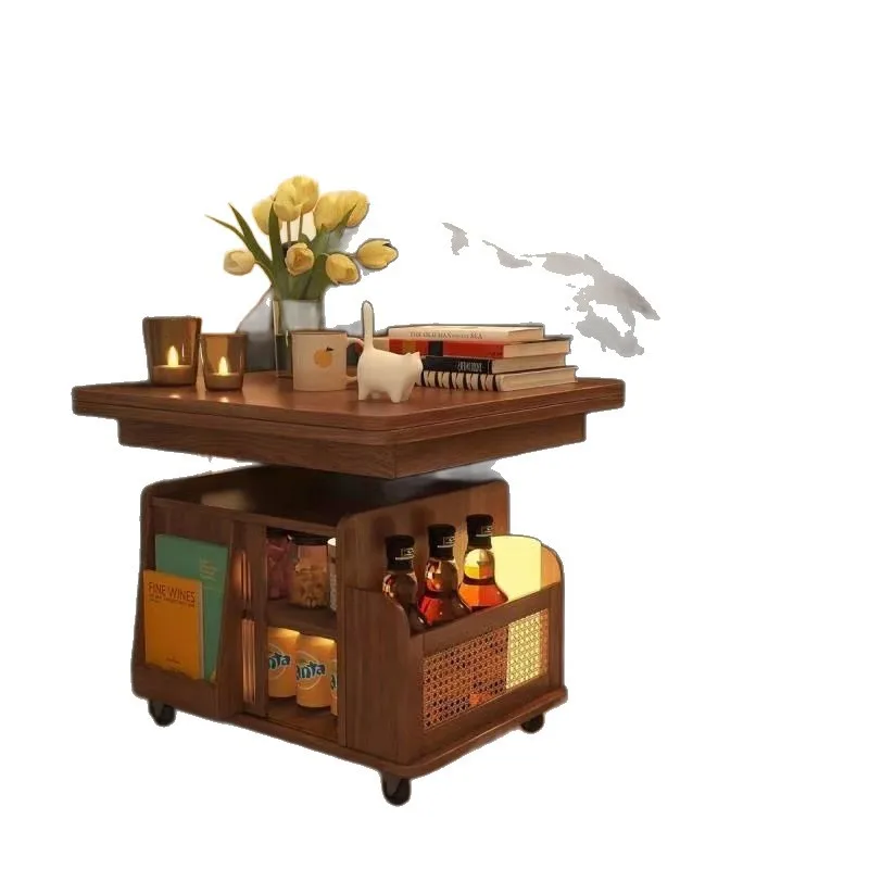 

Solid wood multi-functional mobile cart coffee table tea table lifting living room folding tea table sofa dual-purpose small