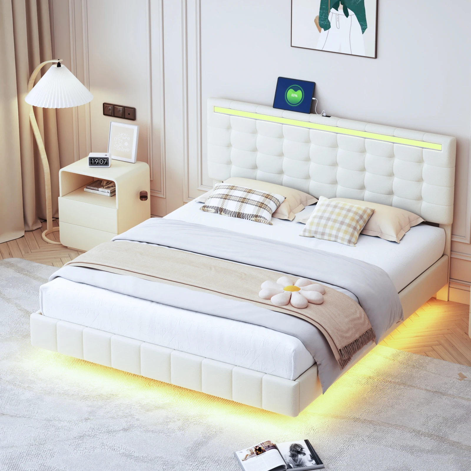 Upholstered Bed 160x200cm,Floating Bed Frame with LED lights and Headboard With 2 USB, Suspension Double Bed,Linen,Beige