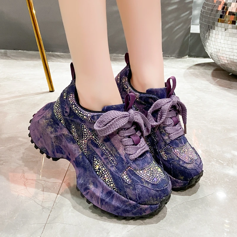 7CM Women Silver Crystal Casual Canvas Chunky Sneakers Woman Stylish Sport Shoes Lace-Up Platform Luxury Shoes zapatos mujer view 6