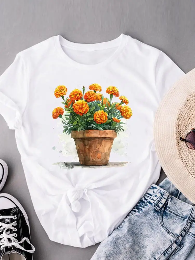 

Style Flower Trend Fashion O-neck T Casual Top Clothes Female Clothing For Women Graphic Tee Short Sleeve Print T-shirts