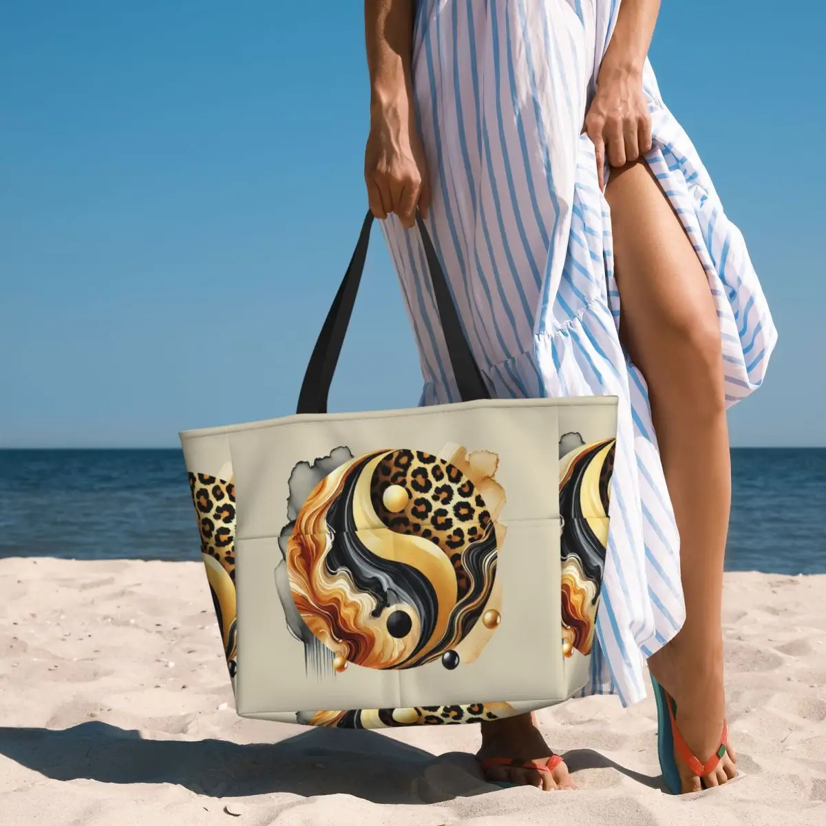 Bolsa de Praia de Luxo em Mármore Dourado com Design Yin Yang, Bolsa Grande para Esportes e Yoga, Bolsa de Viagem para Mulheres, Bolsa de Fitness